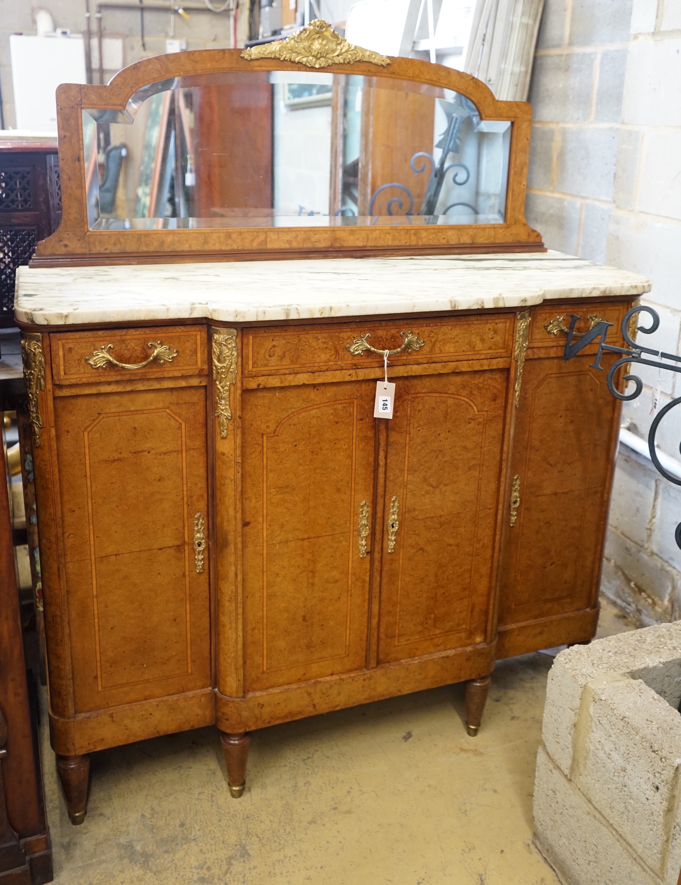 An early 20th century French marble topped birds eye maple breakfront mirror back side cabinet, width 131cm, depth 49cm, height 160cm